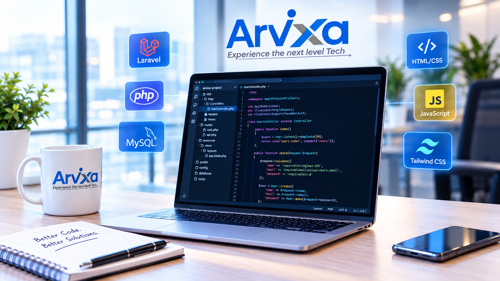 Arvixa Technologies developer workspace with Laravel, PHP, MySQL and JavaScript stack